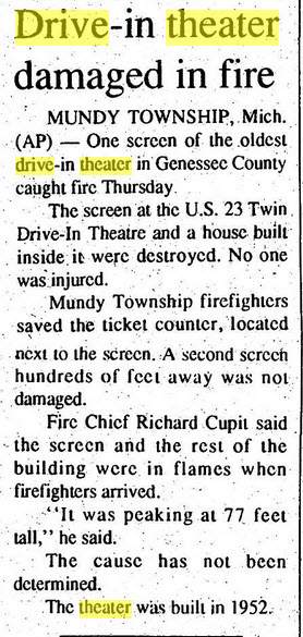 US-23 Drive-In Theater - Mar 22 1997 Article On Fire